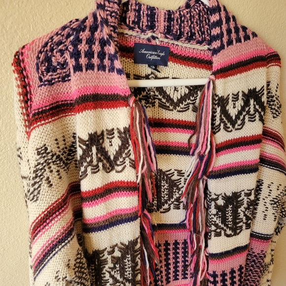 Wool Blend Boho Fringe Striped Cardigan Sweater, M - Picture 4 of 12